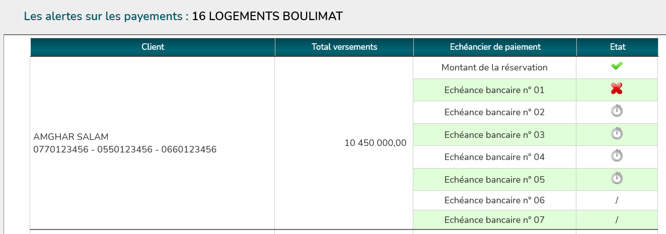 Tableau des échéances de paiements GP-IMMO